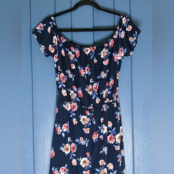 Navy Blue Floral Dress Size Large High Slit Built In Bodysuit Romance Romani - Picture 2 of 5